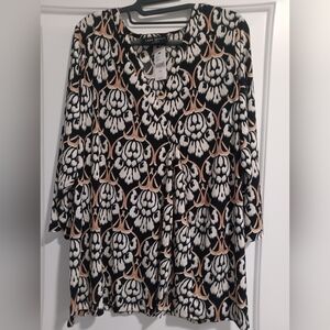 Lane Bryant White and Tan Graphic Tunic 3/4 Sleeve